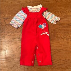 Health-Tex | Vintage 1980s Red Corduroy Baby Overall Set with Balloon Embroidery
